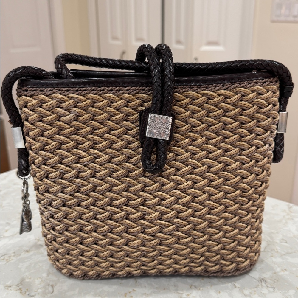 Brighton women's rattan & brown leather shoulder purse - near perfect condition - Picture 2 of 12